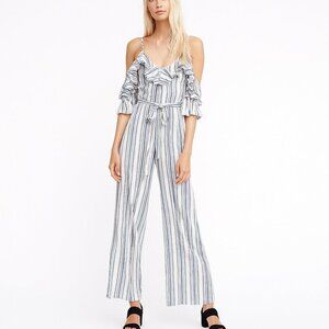 Flying Tomato Striped Ruffle Drop Shoulder Jumpsuit Belted Wide Leg Boho Resort